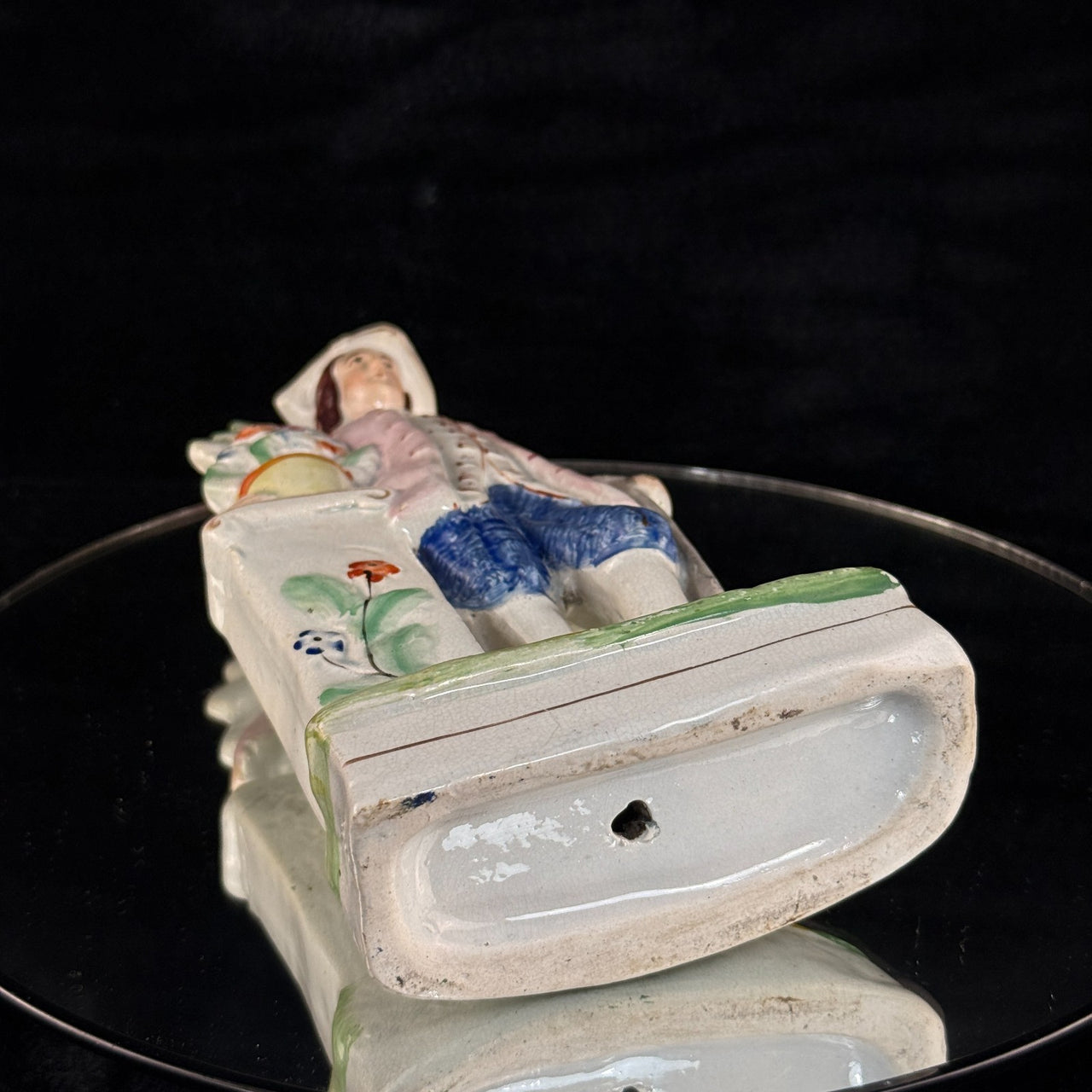 1800s antique Staffordshire Figurine Man Pink Jacket Floral Column repaired12