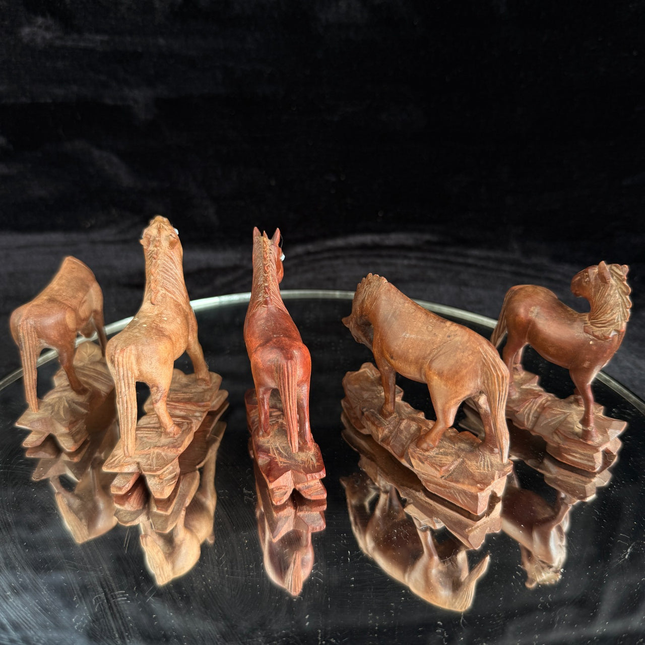 Vintage Hand Carved Wooden Horse Figurines Set Lot of 5 Rustic Folk Art 3.5”4