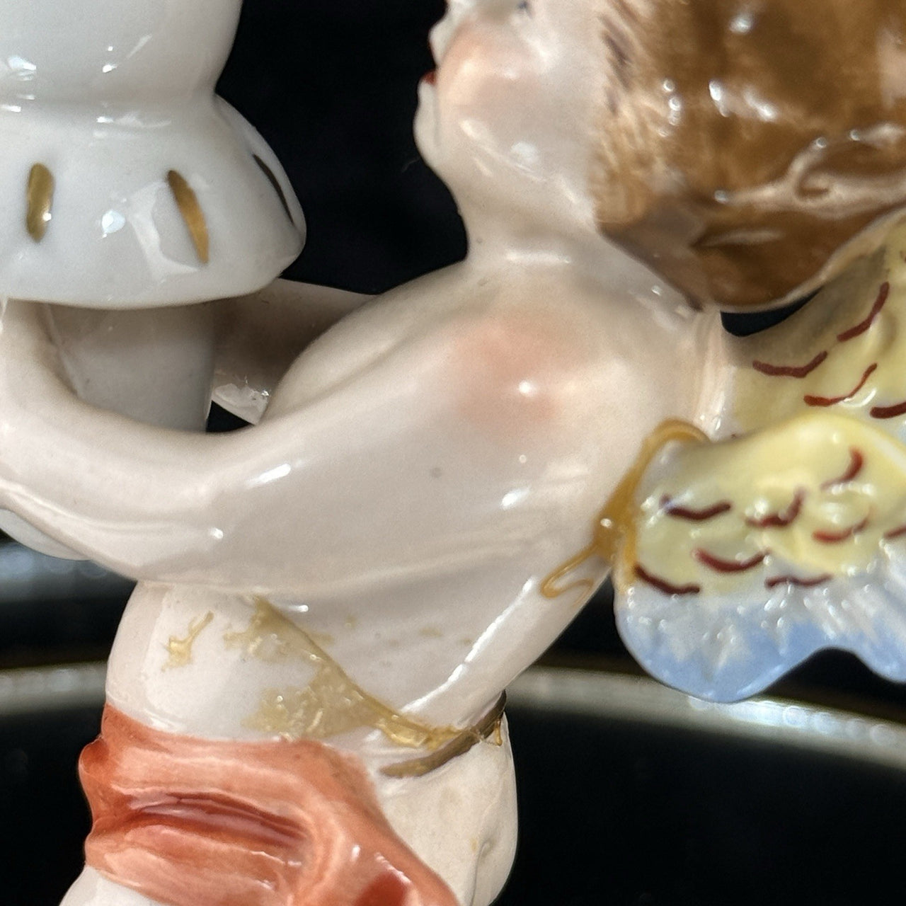 Antique German Dresden Cherub Candle Holder Figurine Winged Putto 3.5” Repaired5