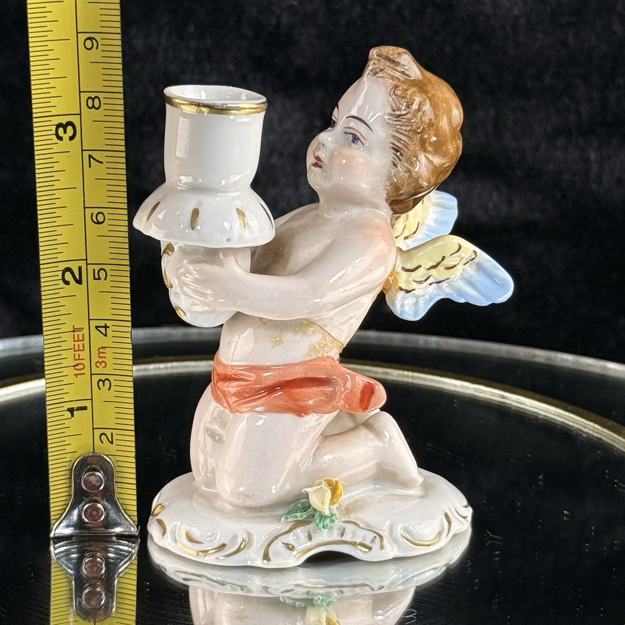 Antique German Dresden Cherub Candle Holder Figurine Winged Putto 3.5” Repaired10