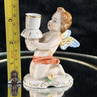 Thumbnail for Antique German Dresden Cherub Candle Holder Figurine Winged Putto 3.5” Repaired10