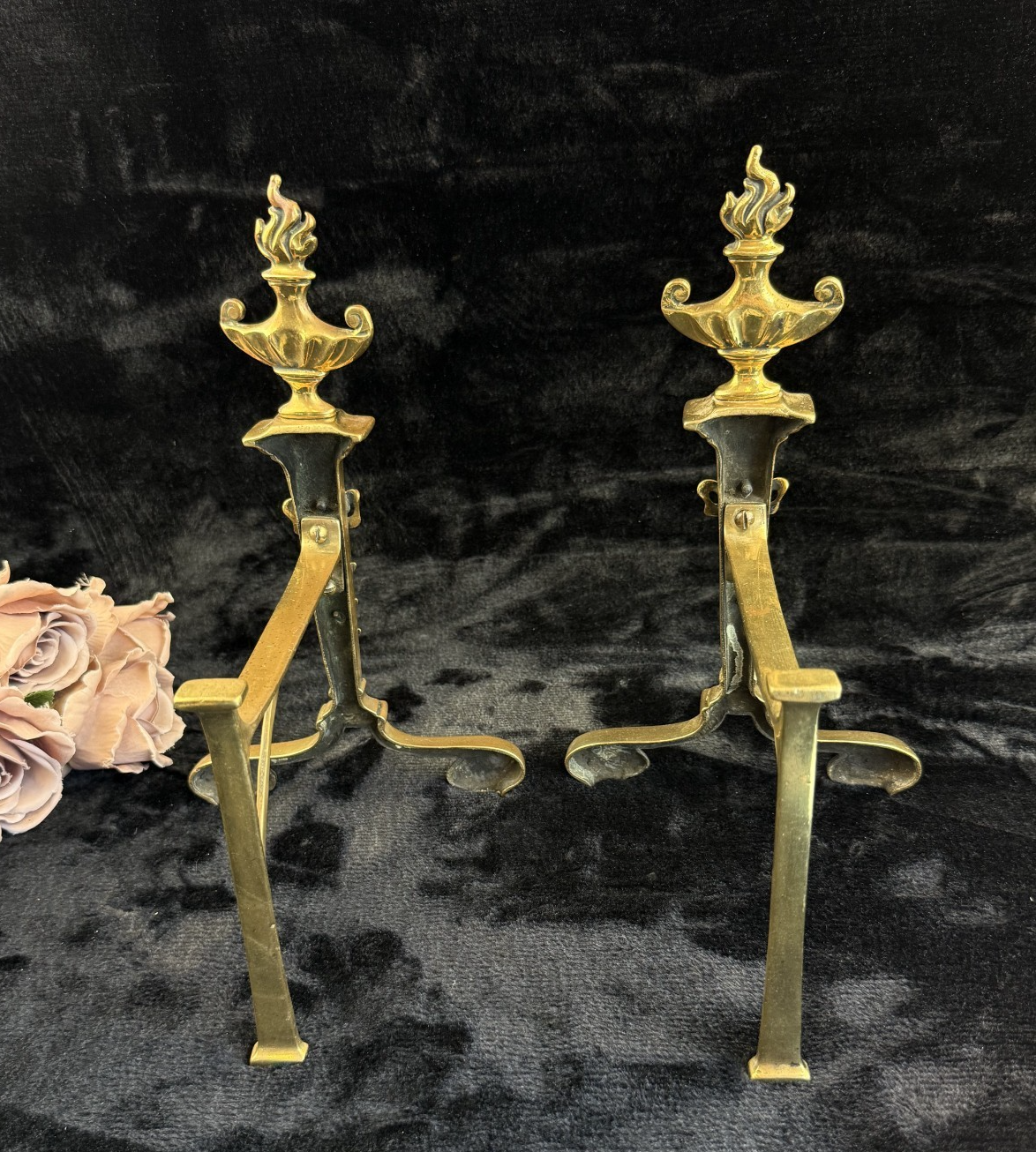 Antique Brass Fireplace Firedogs Andirons Pair - Georgian Neoclassical Style18