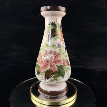 Bohemian Pink Glass Antique Vase 10” Floral Enamel Victorian Art Nouveau decor1