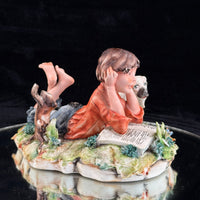 Thumbnail for Italian Capodimonte Figurine Boy Reading with Dog and Shoes bookshelf gift decor4