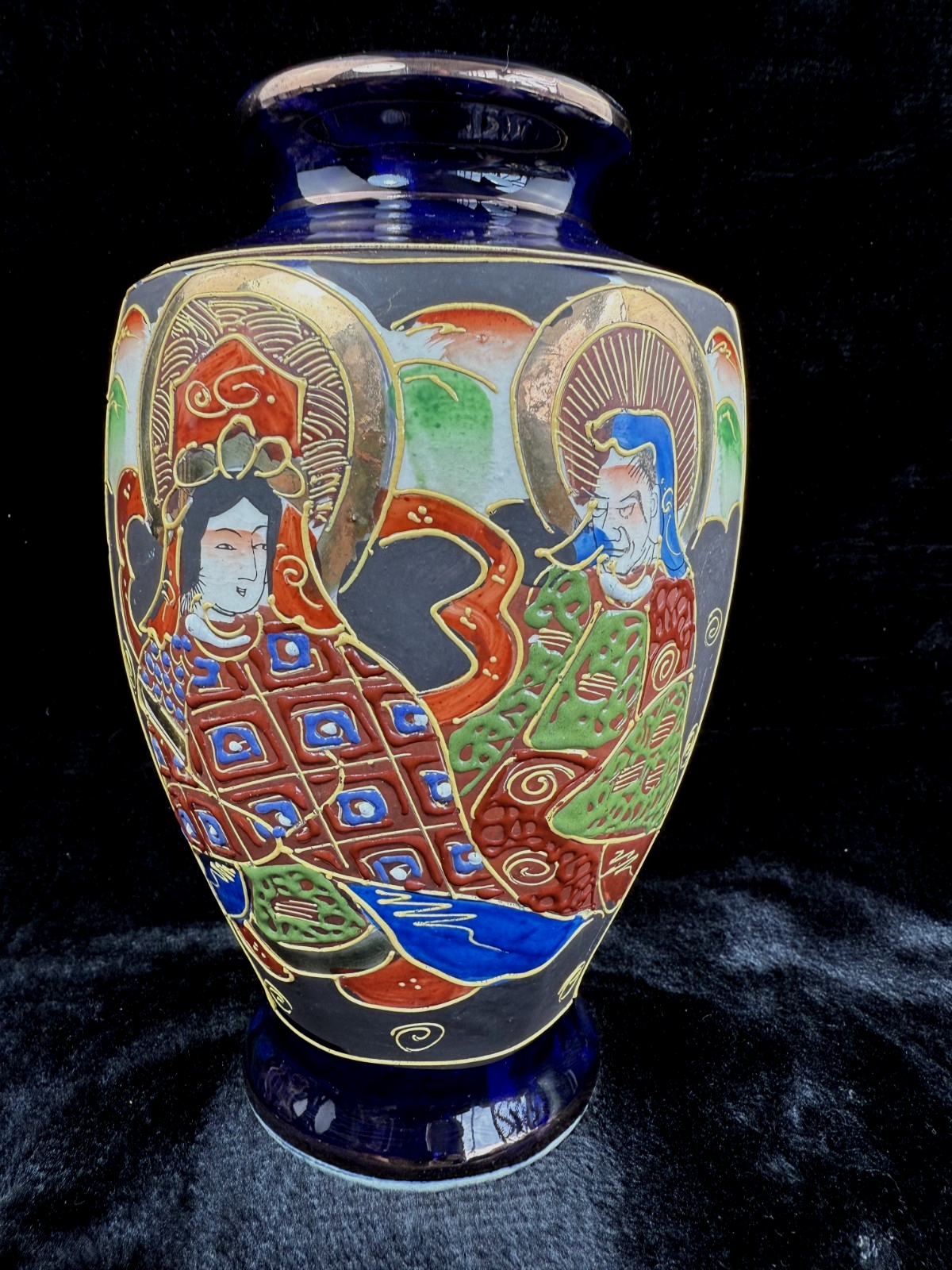 Oriental Hand-Painted navy blue Vase - 'Foreign' Mark Porcelain Antique Satsuma.7