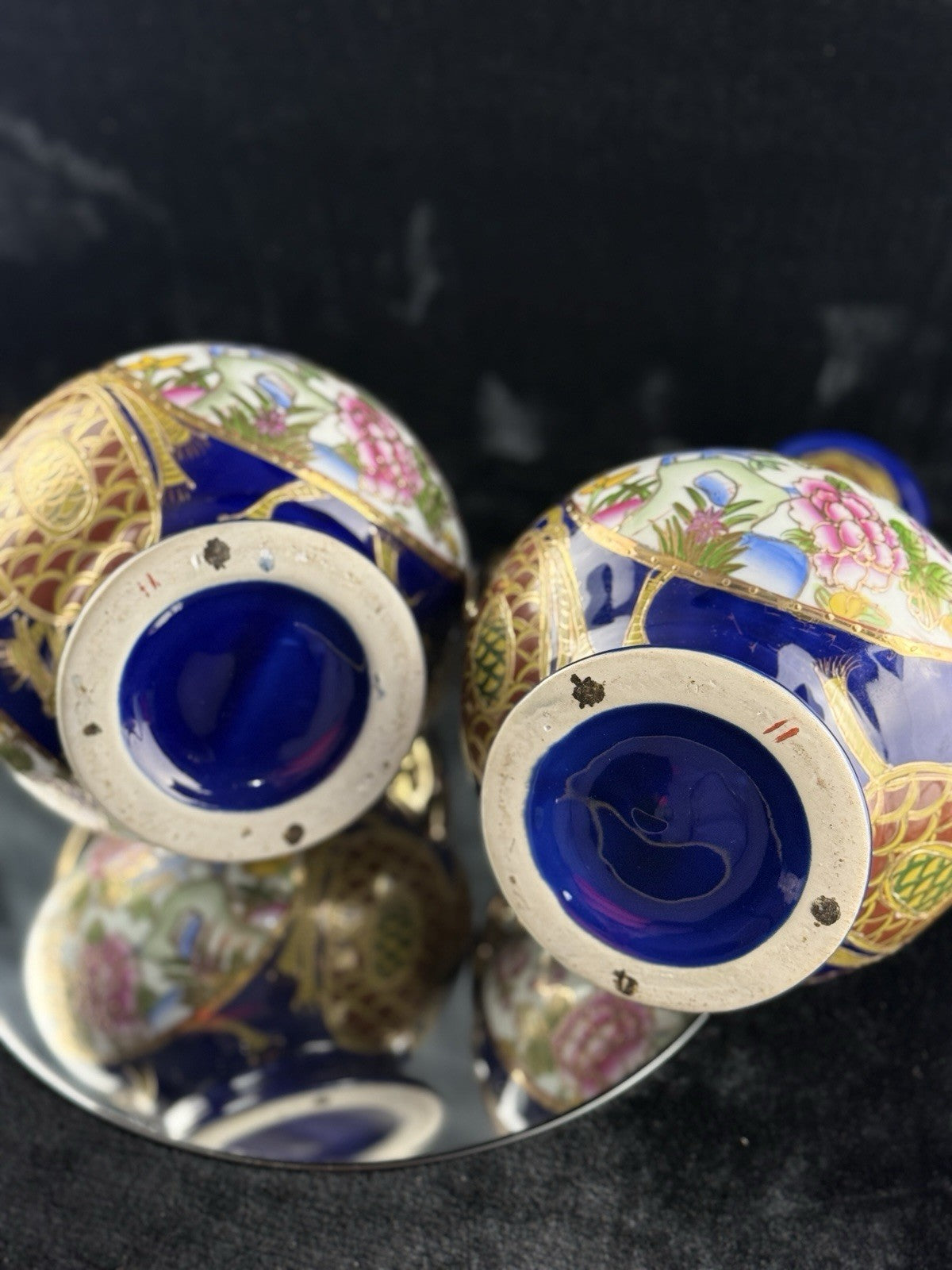 Japanese Blue Cobalt Porcelain Vases Pair Gold Gilt Floral Moriage Antique Decor18
