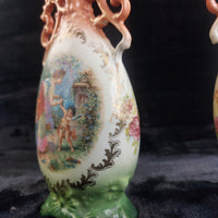 Thumbnail for Victoria Austria Porcelain Vase Pair Handled Romantic Scene Antique Decor. 9in7