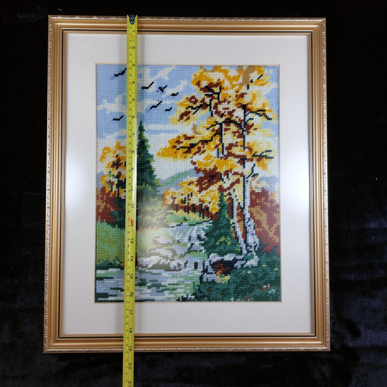Framed 19" Cross- Stitch Autumn Landscape Art - Vintage Ornament Good Condition6