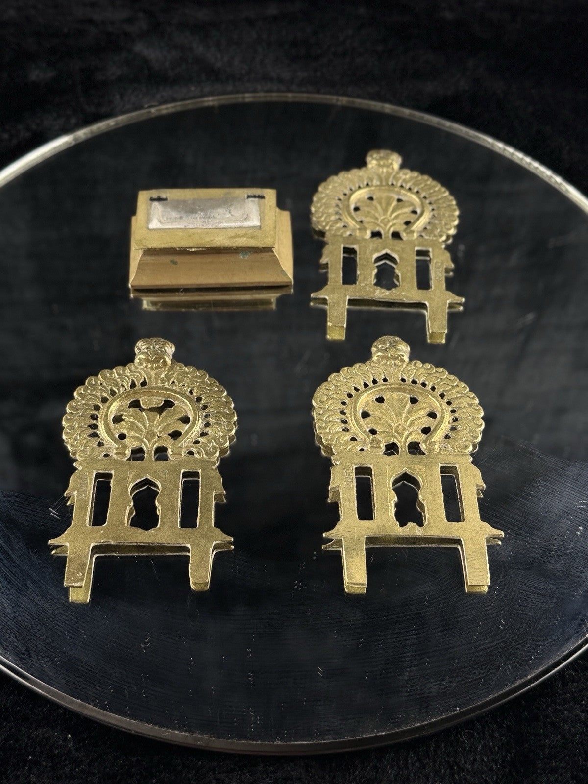BIRH Brass Miniature Indian Throne Backrests Set of 3 Hindu Temple Art Vintage6