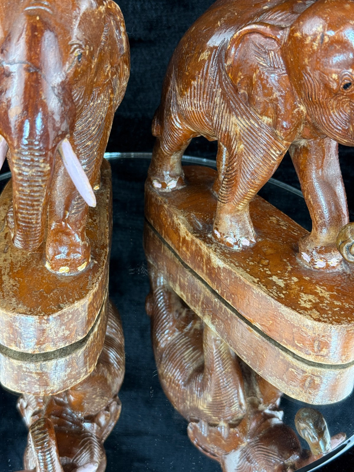 Hand Wooden Carved Elephant Pair – India Figures with Pink Resin Tusks 7 Vintag7