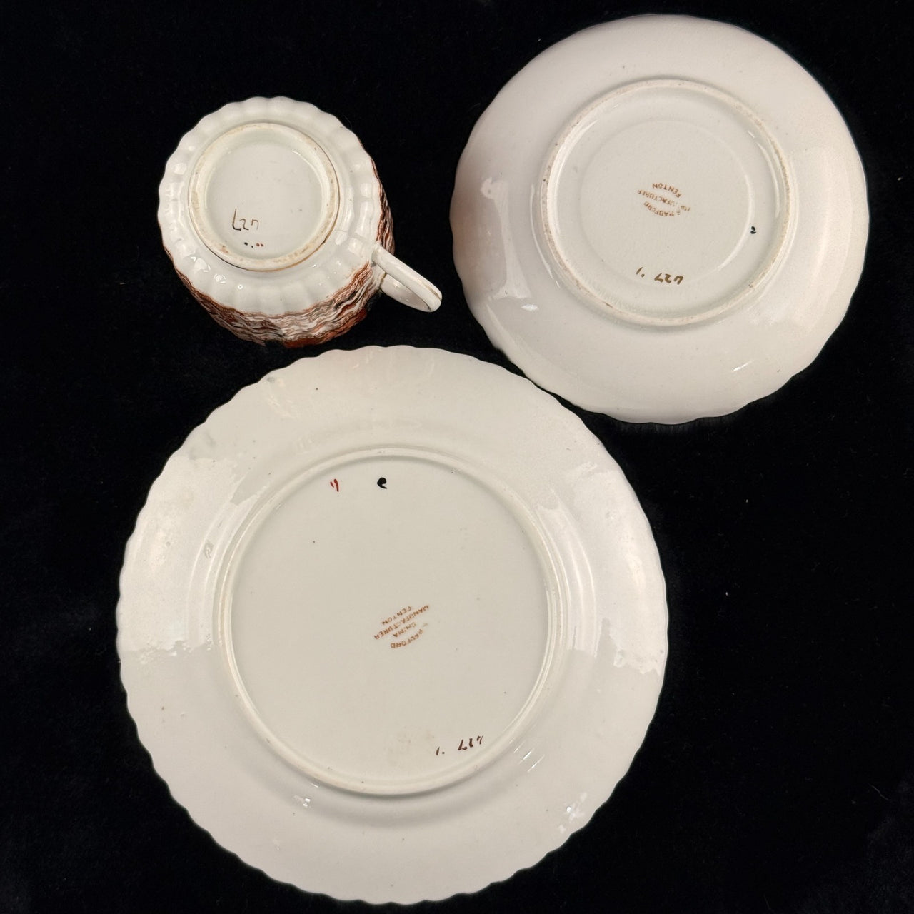 Bradford China Fenton Tea Trio Red Floral Gilt Antique Cup Saucer Plate deco Set8