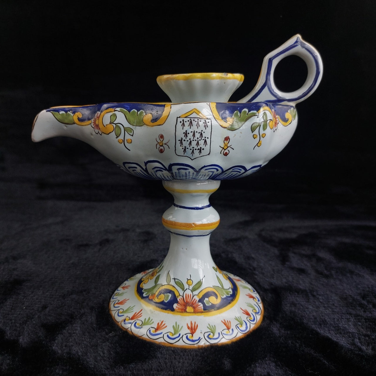 Antique Italian Faience Majolica Candle Holder Hand Painted Coat of Arms Floral2