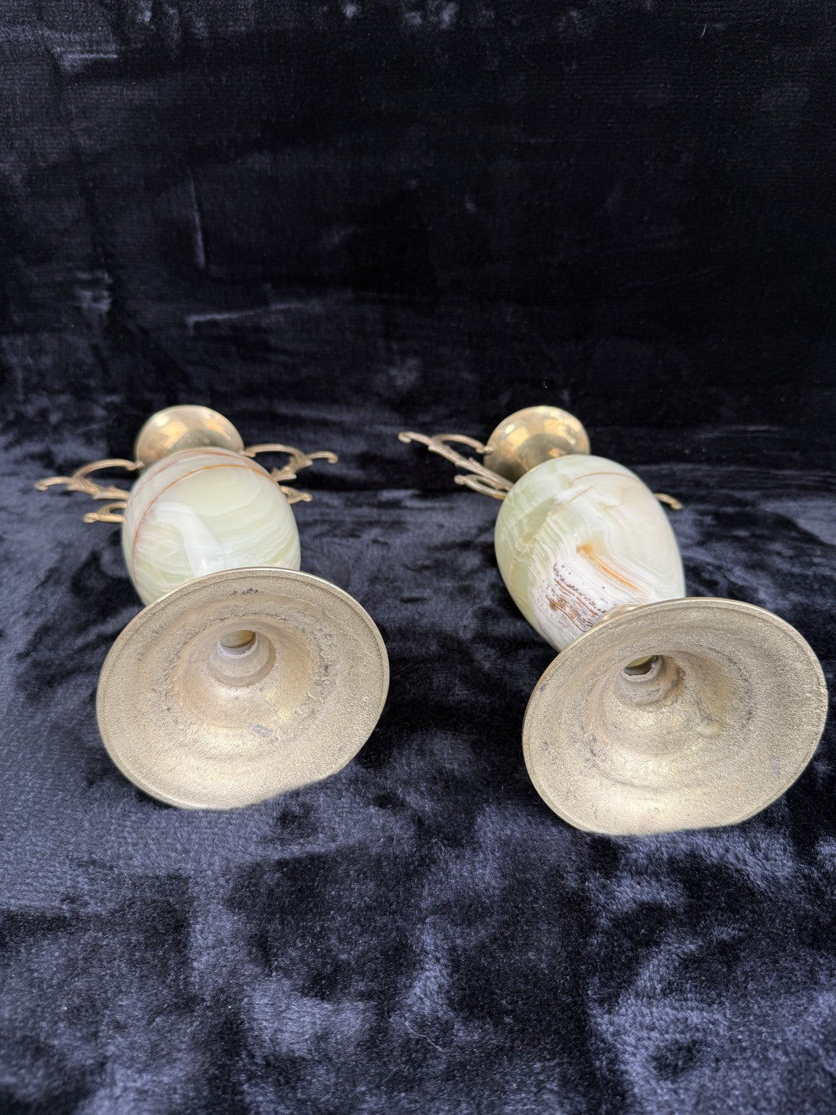 Pair of Brass & Green Onyx Marble Urn Vases Ornate Handles Decorative 35cm21