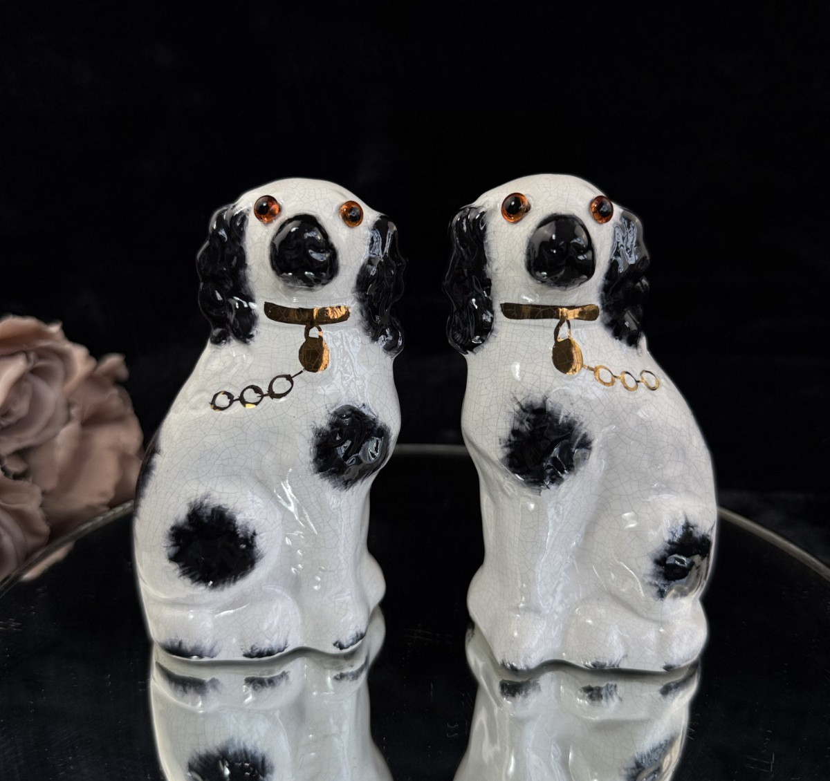 Antique Staffordshire Porcelain Black White Pair King Charles Spaniel Glass eyes0