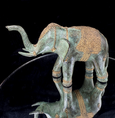 Heavy Patinated Bronze Elephant Figurine decor, Vintage Gold Accents, Trunk Up0