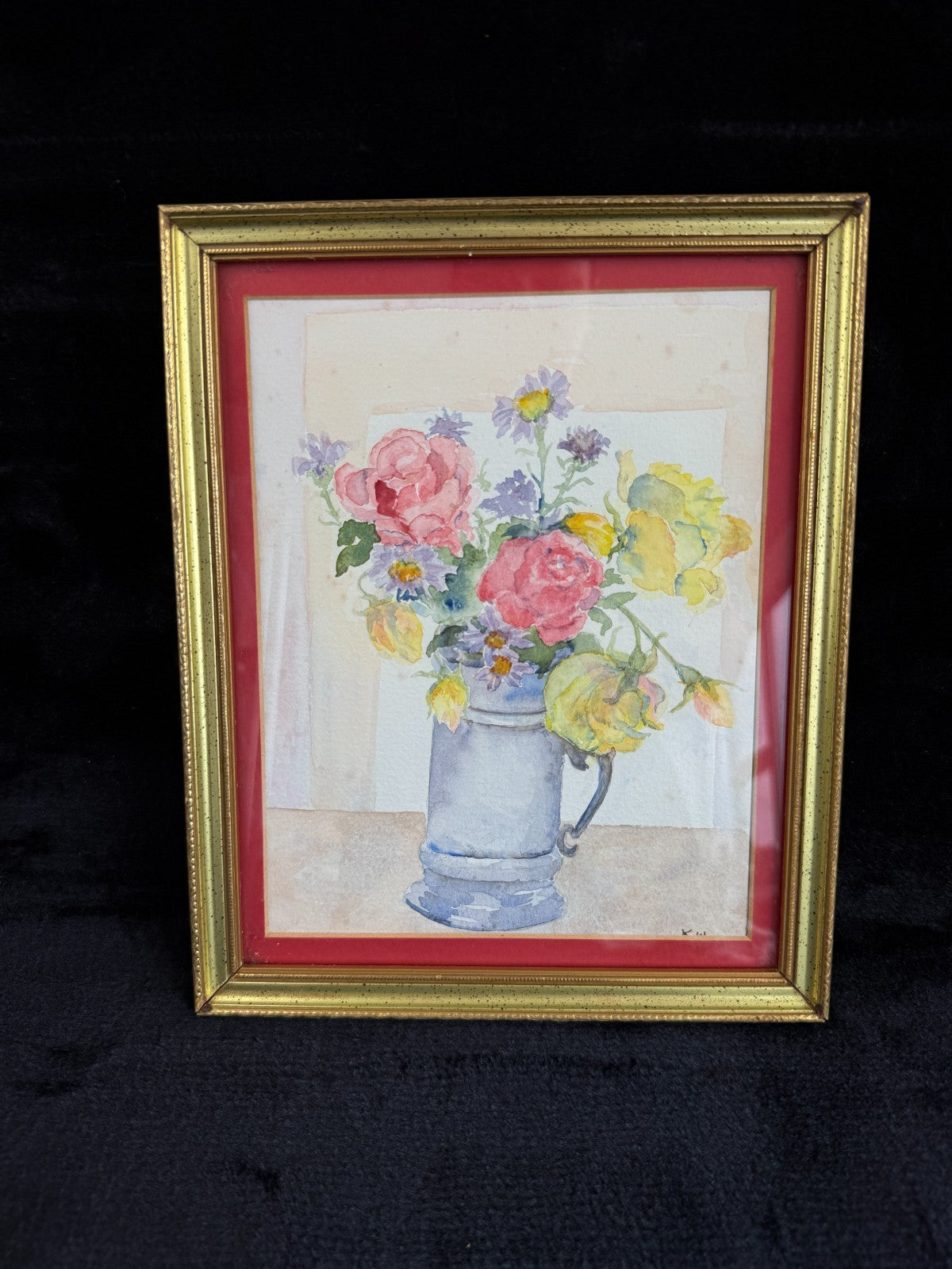 Still Watercolor Life: Roses and Daisies in a Pewter Mug, Signed K.W. Painting1
