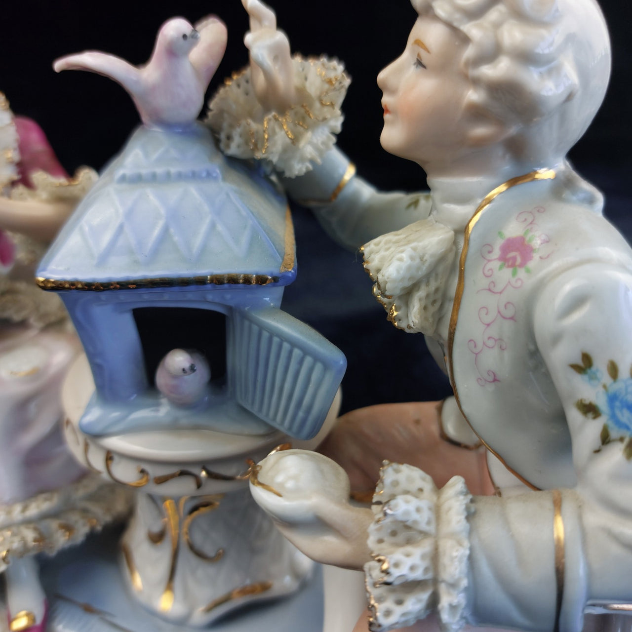 Dresden Style Porcelain Couple with Birds cage –Worn Lace & Tip Damage Gilt 9in7