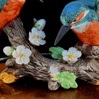 Thumbnail for Leonardo Kingfishers Figurine on Base Wood Bird Sculpture- Damaged flower Resin7