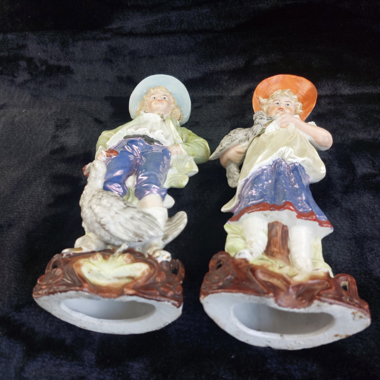 Antique Porcelain Boy & Girl Figurines Pair Poultry Chicken Farmyard 10.5"18