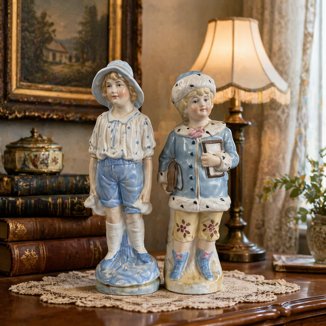 Antique 19th c German Porcelain Figurine Pair Two Children Bisque &Glazed Finish0