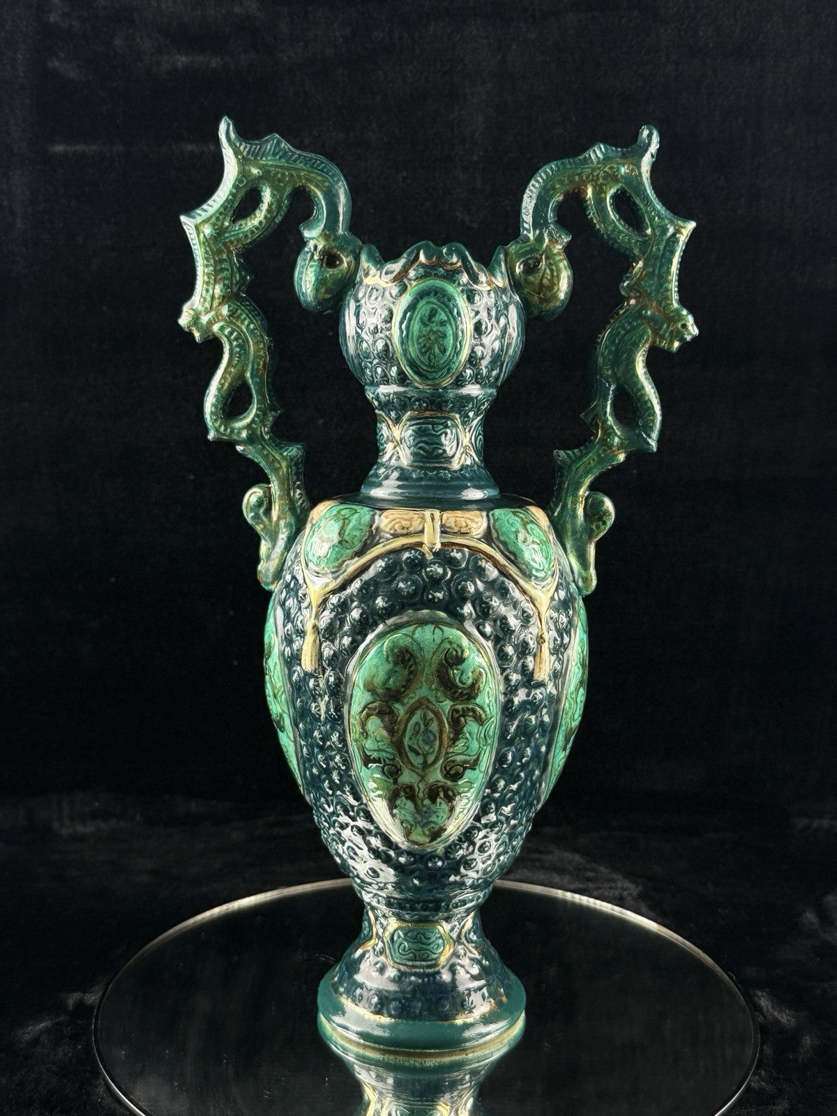 Romano Majolica Style Ornate Green Vase Glazed Ceramic 15” Antique Vase9