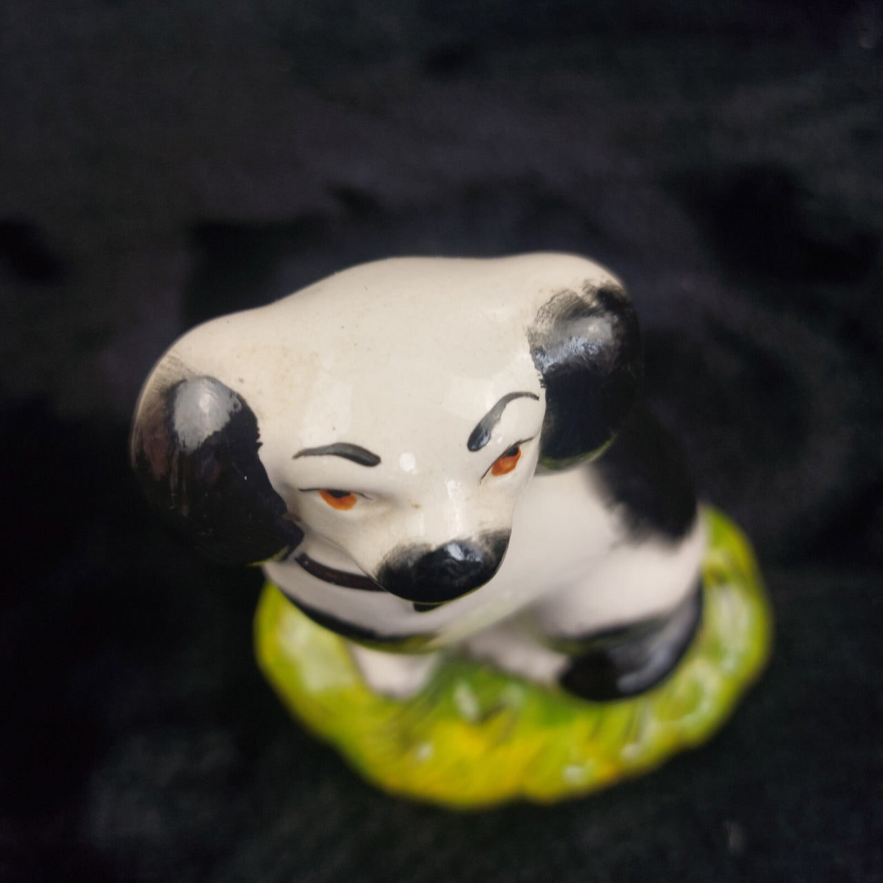 Staffordshire Ware Figure Dog Acceptable Black White Green Base Worn Damage 6"6
