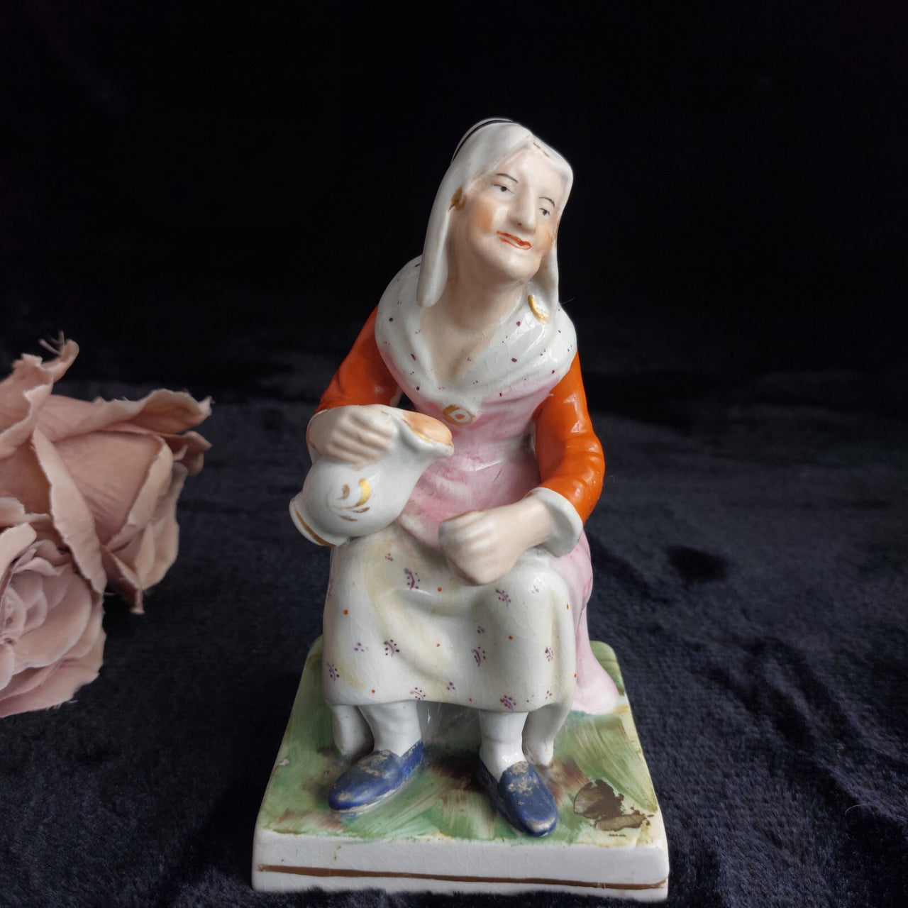 Classic Staffordshire Figurine 6.5" Seated Woman Jug Pink Apron antique Medium0