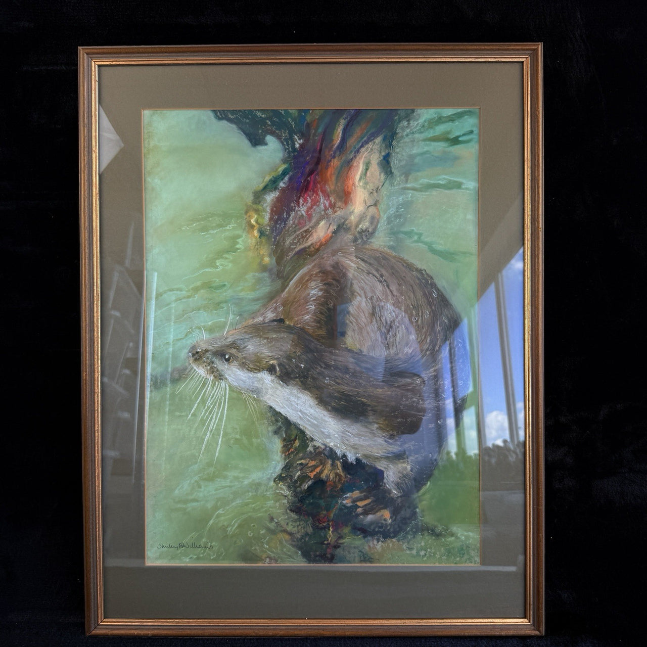 Otter in Water Signed Shirley Williams original Watercolor Painting framed large12
