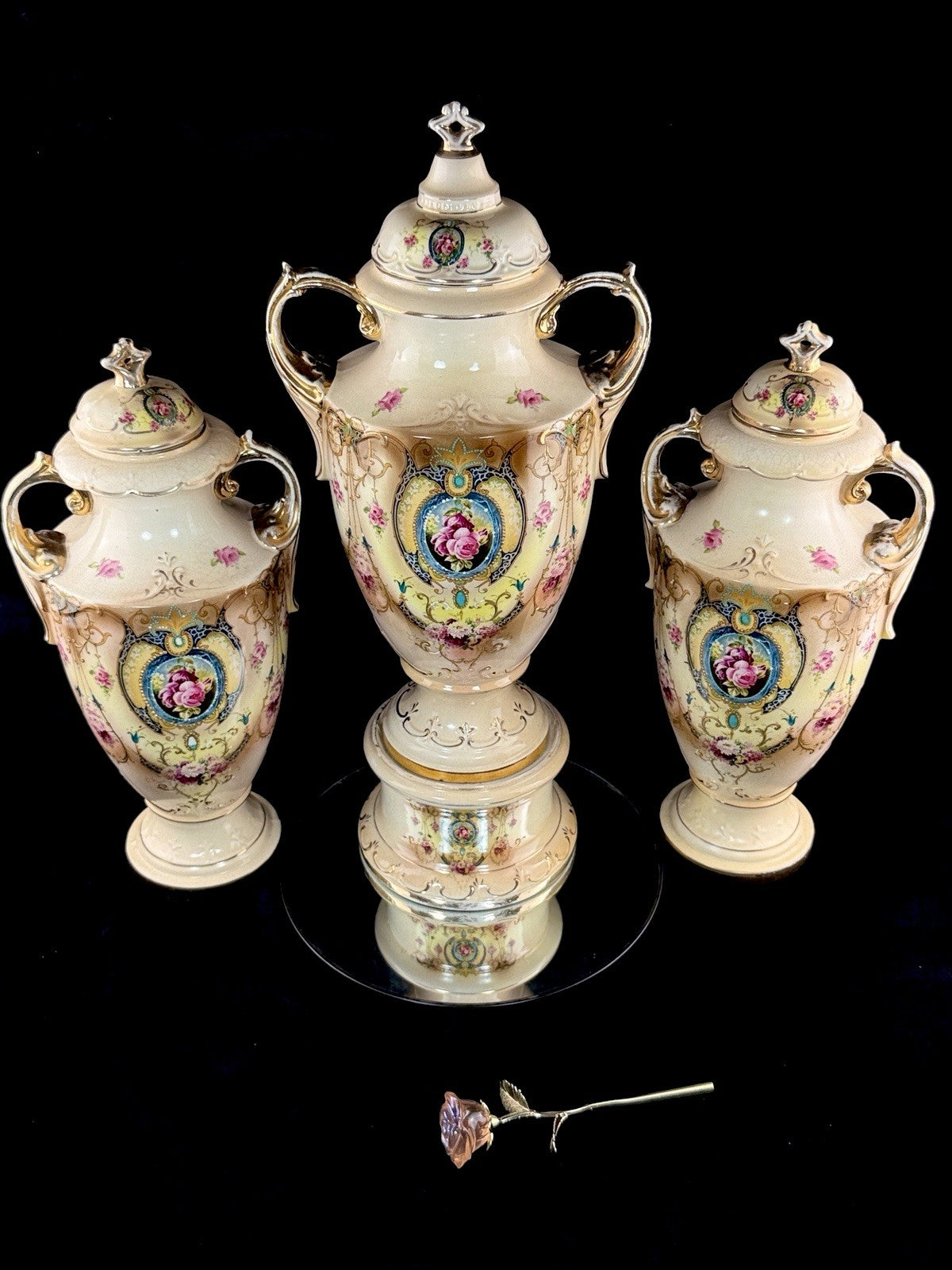 Antique English Alton Ware Urns Set Hand Painted Roses Gilded Porcelain Vase Set23