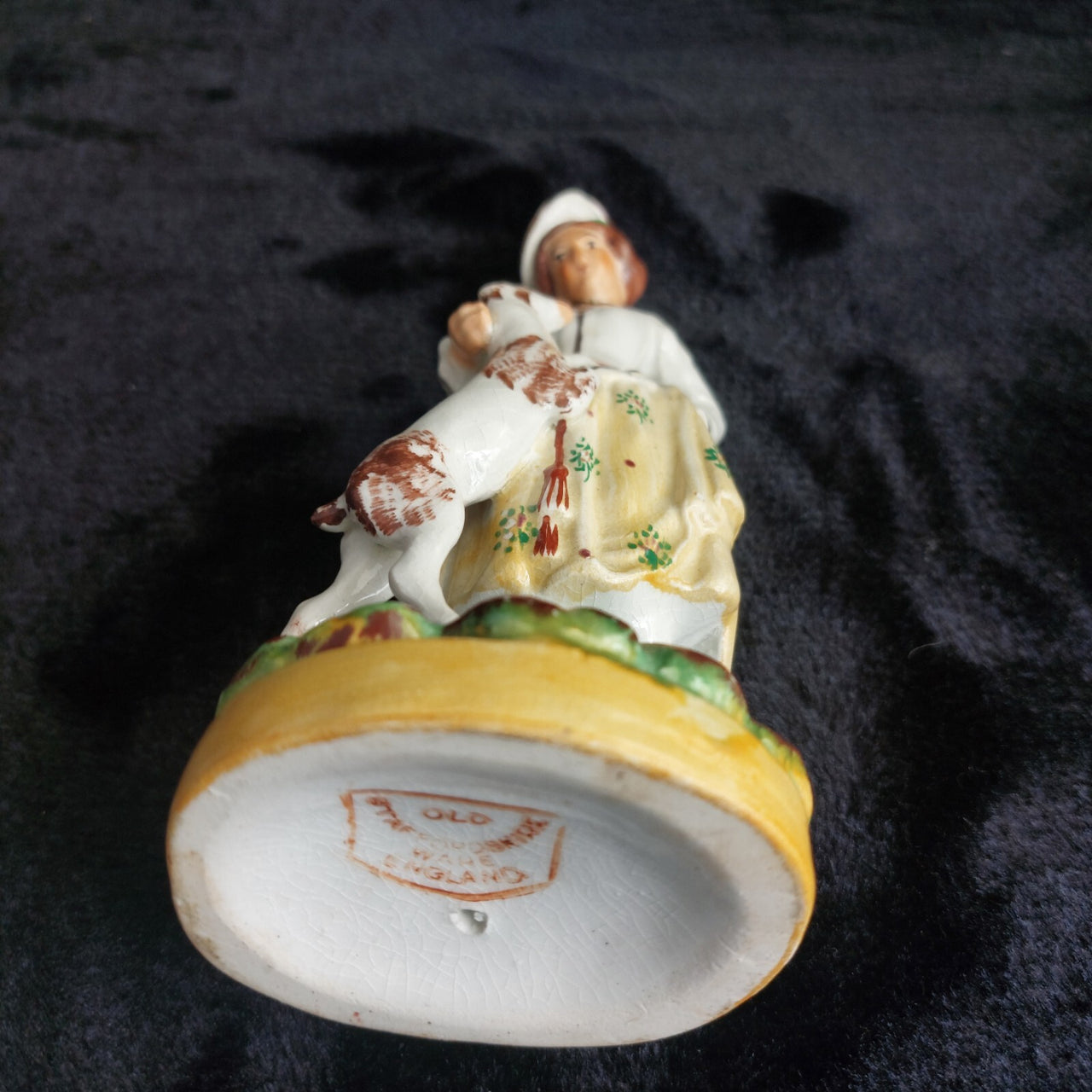 Staffordshire Figurine Dog Lady Yellow Skirt stamp England repaired head 7.5"11