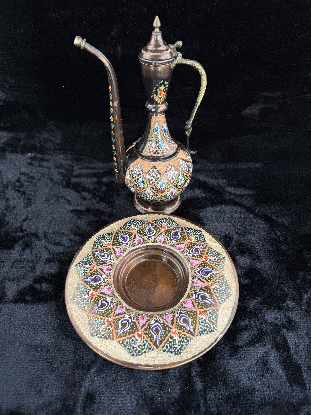 One-of-a-Kind Hand-Painted Large Copper Pitcher & Tray/plate Set see the pics.1
