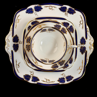 Thumbnail for Rare Royal Albert Crown 1930s Blue Cobalt 2 Trios & Cake Plate Set England.4
