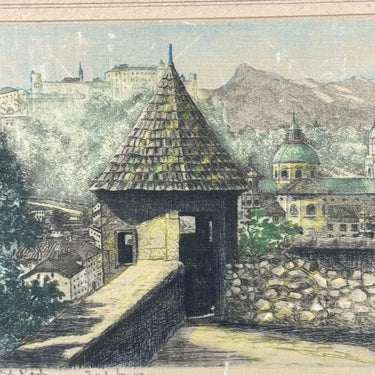 Etching Salzburg Scene Watercolored on Silk Signed Framed Painting 13x11” Print 1