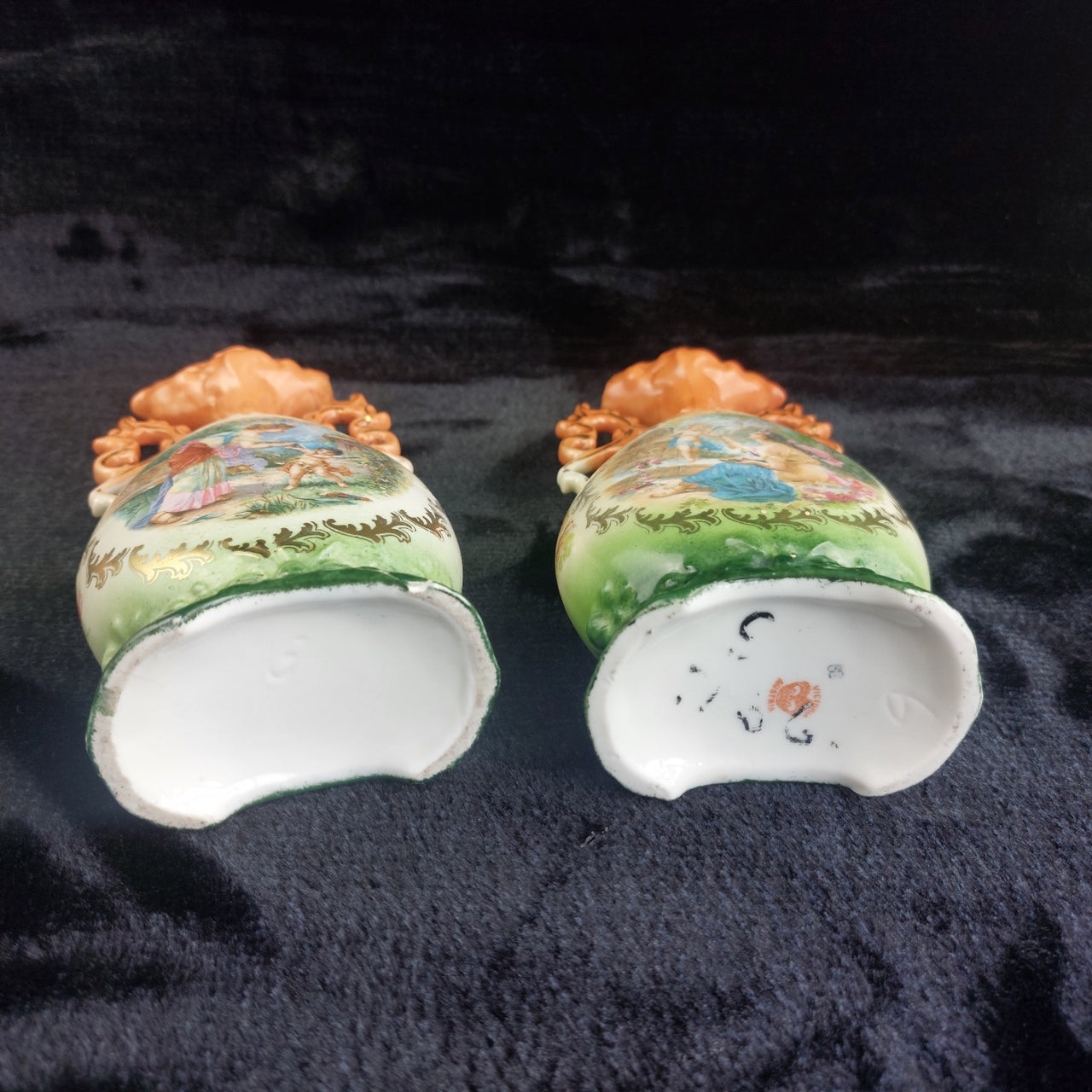 Victoria Austria Porcelain Vase Pair Handled Romantic Scene Antique Decor. 9in16