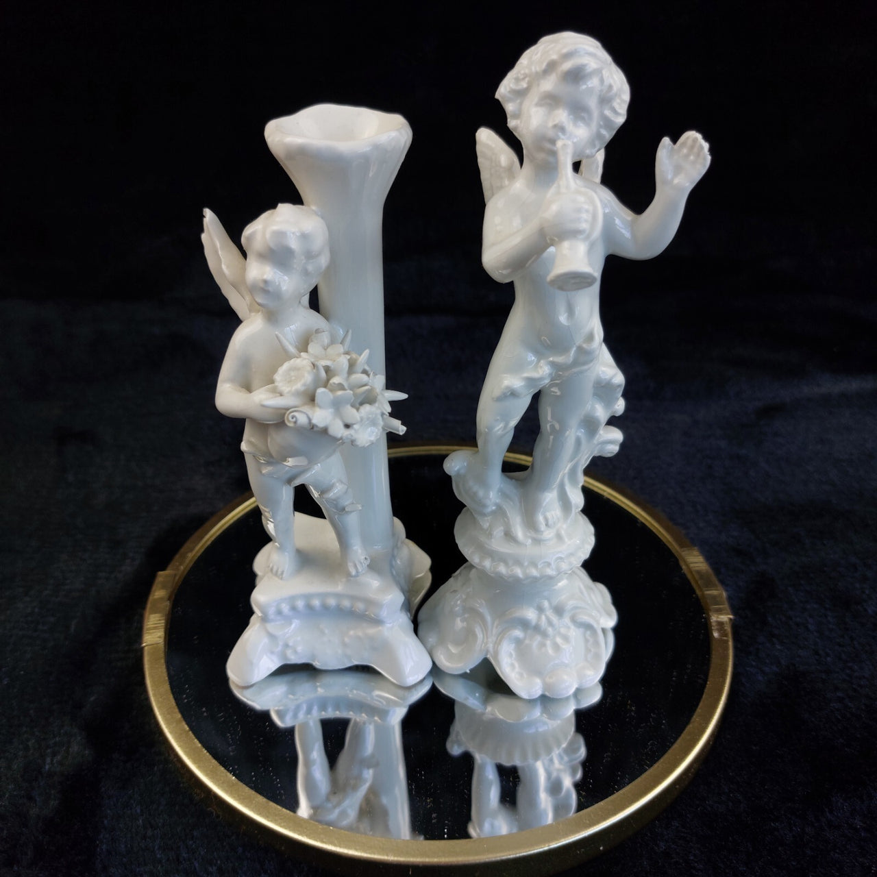 Antique Italy Cherub Figurines Pair 6.5in Porcelain White Trumpet Flowers Damage2
