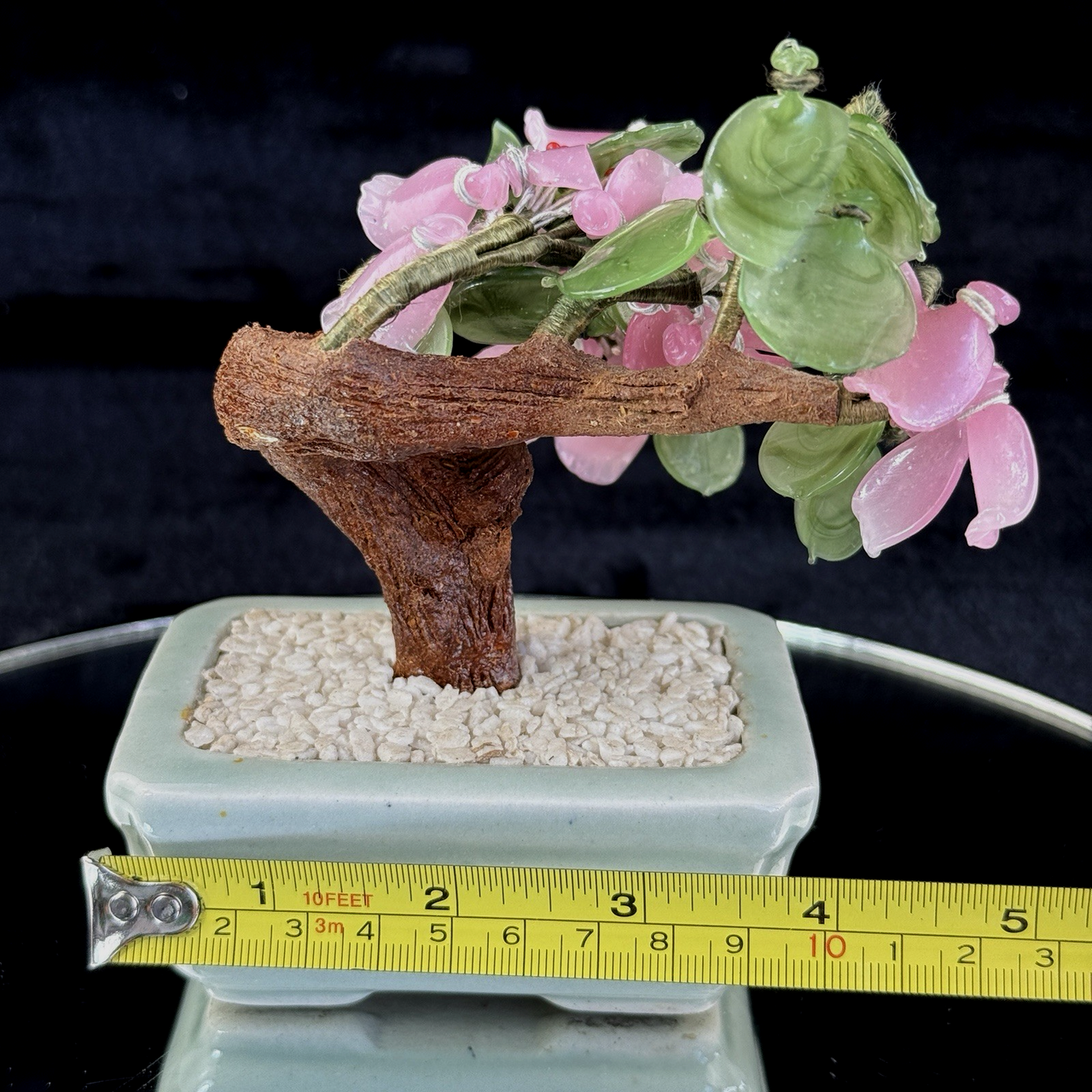 Hand-Carved Bonsai Jade/Stone Tree Figurine - Pink Flowers & Green Leaves gift10