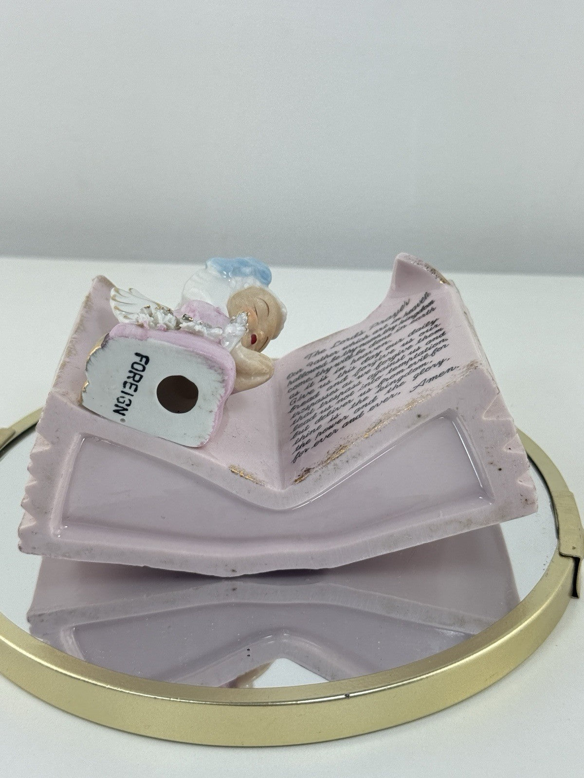 Vintage Ceramic Angel Praying by Lord’s Prayer Book Pink Planter Gift 5”Figurine7