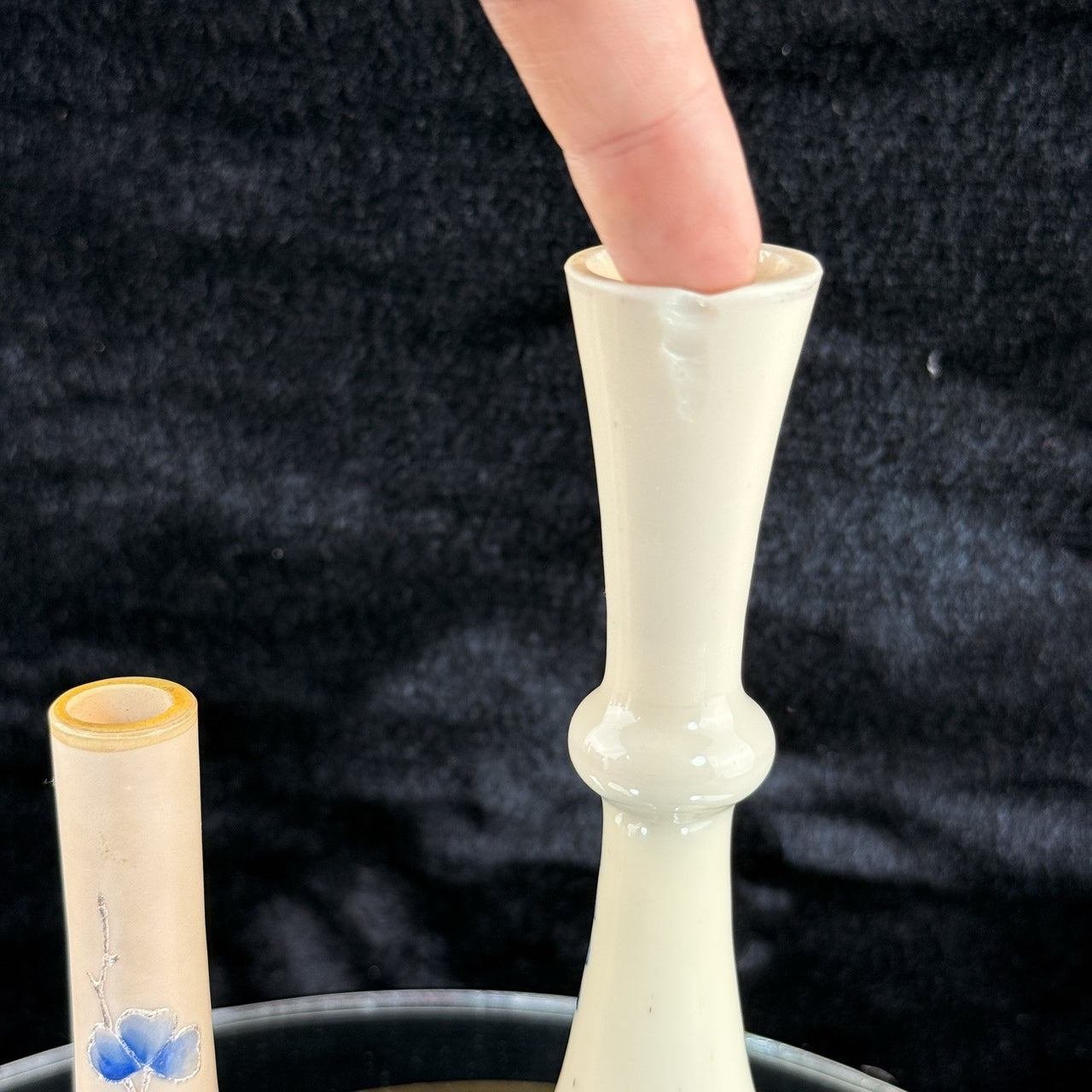 Vintageantique Hand Painted Milk Glass Bud Vase pair Floral Motif Blue Enamel8
