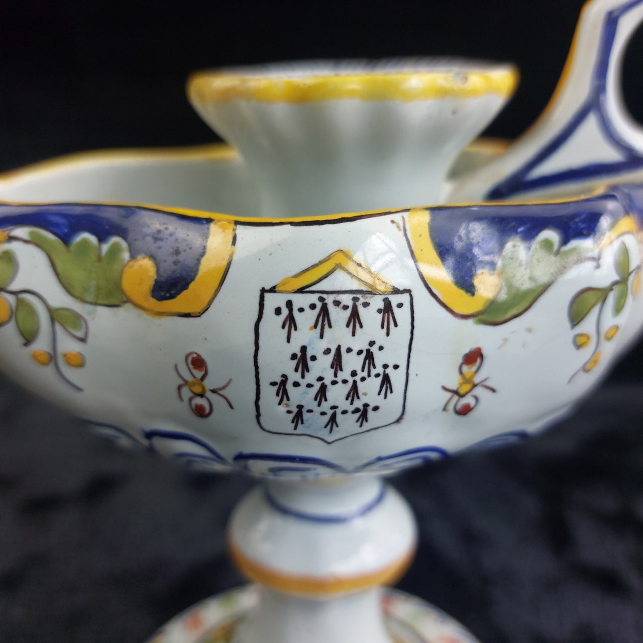 Antique Italian Faience Majolica Candle Holder Hand Painted Coat of Arms Floral3