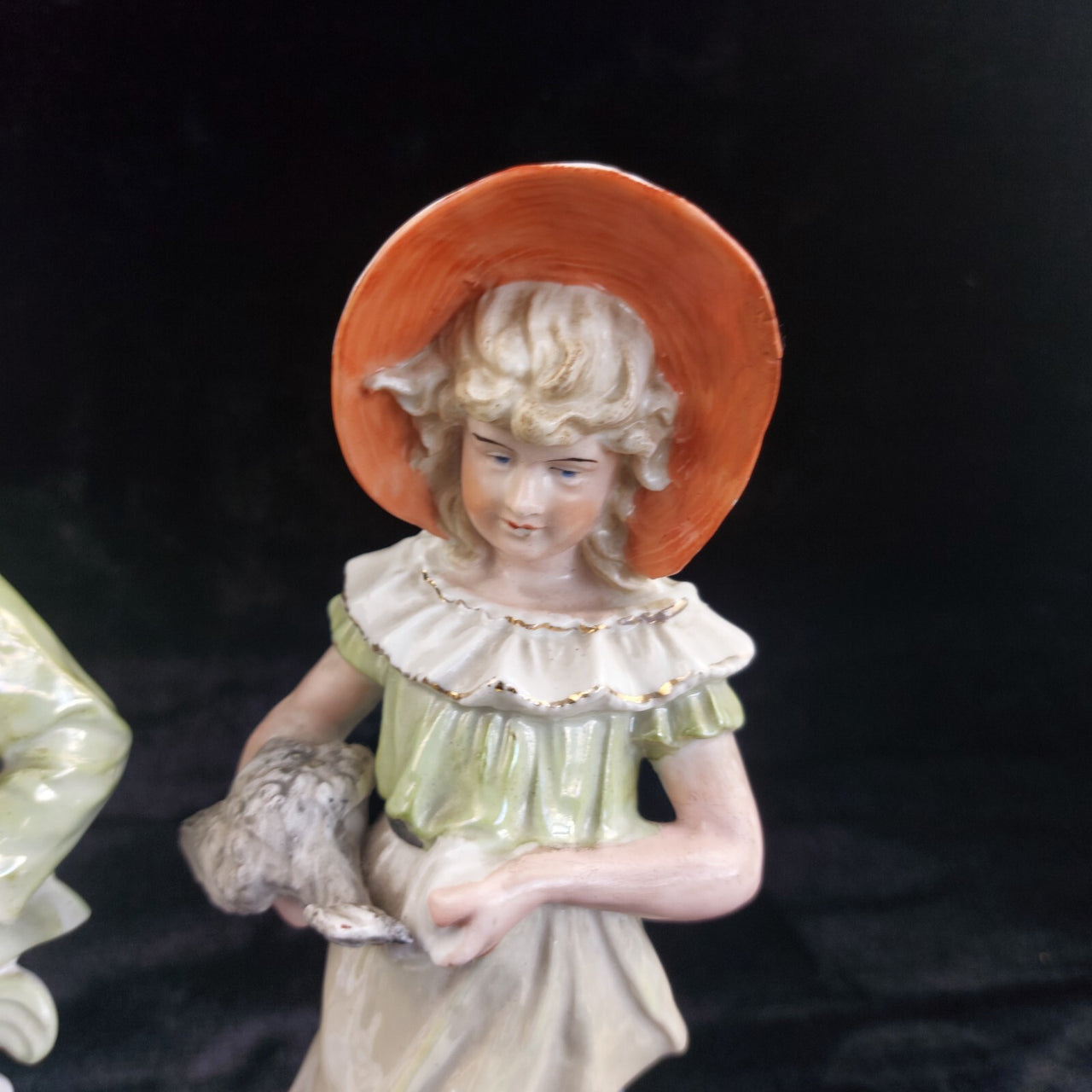 Antique Porcelain Boy & Girl Figurines Pair Poultry Chicken Farmyard 10.5"6