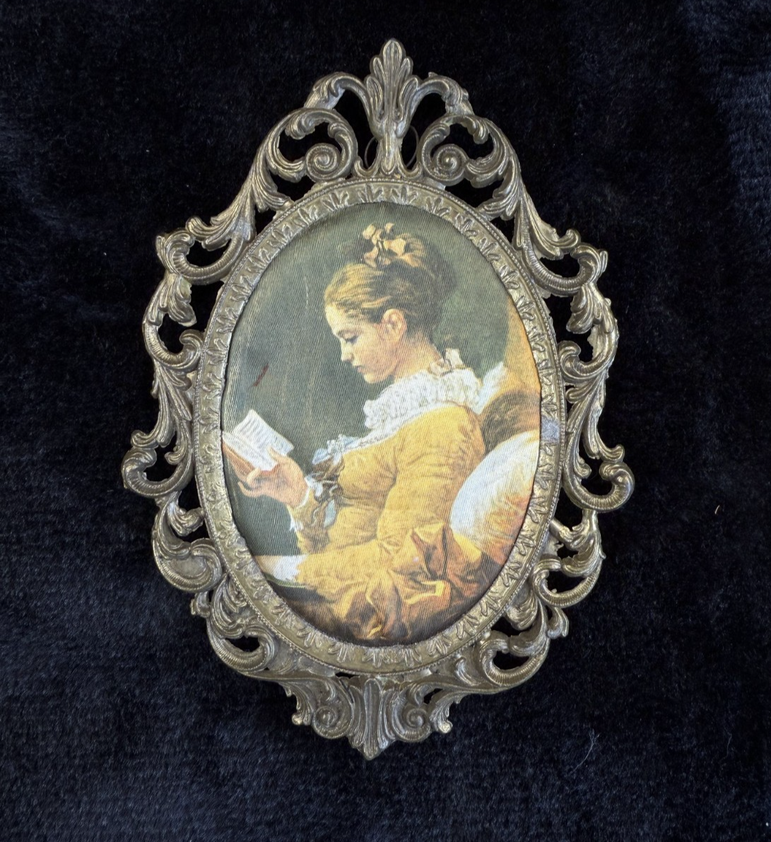 Italian Vintage/Antique Brass Oval Frames with Fabric Prints - Set of 3 Italy2