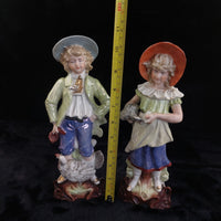Thumbnail for Antique Porcelain Boy & Girl Figurines Pair Poultry Chicken Farmyard 10.5