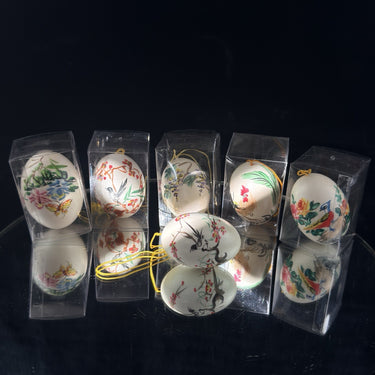 Boxed Easter Hand Painted Real Egg Shell Ornaments Set of 6 Chinese Bird Floral1