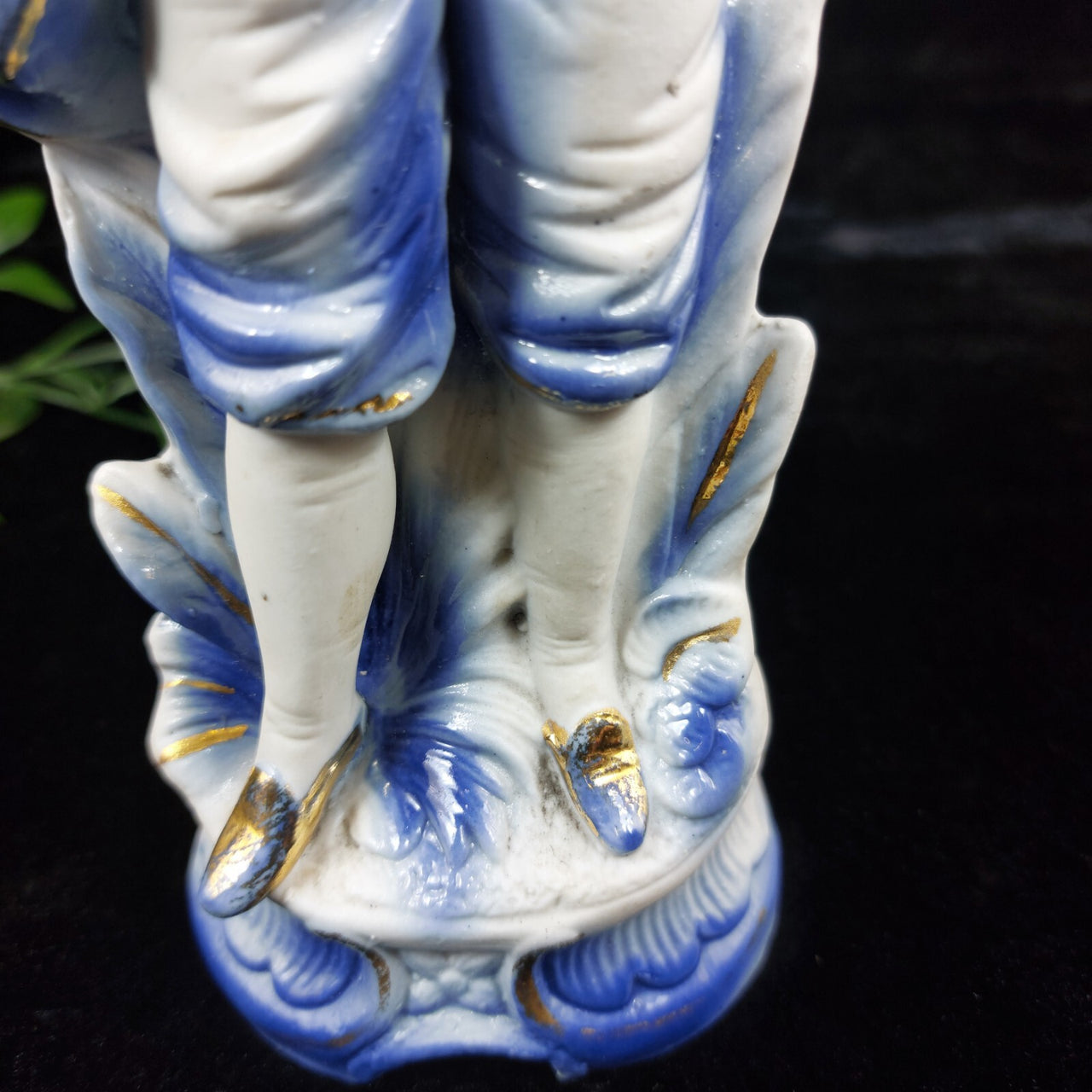 Antique German Bisque Porcelain  Candle Holder Figurine – Blue & Gold Accents 9"5