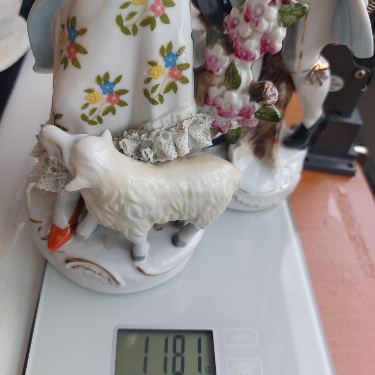 German Porcelain Figurine Pair Shepherdess & Shepherd Sheep 10" gift see pics15