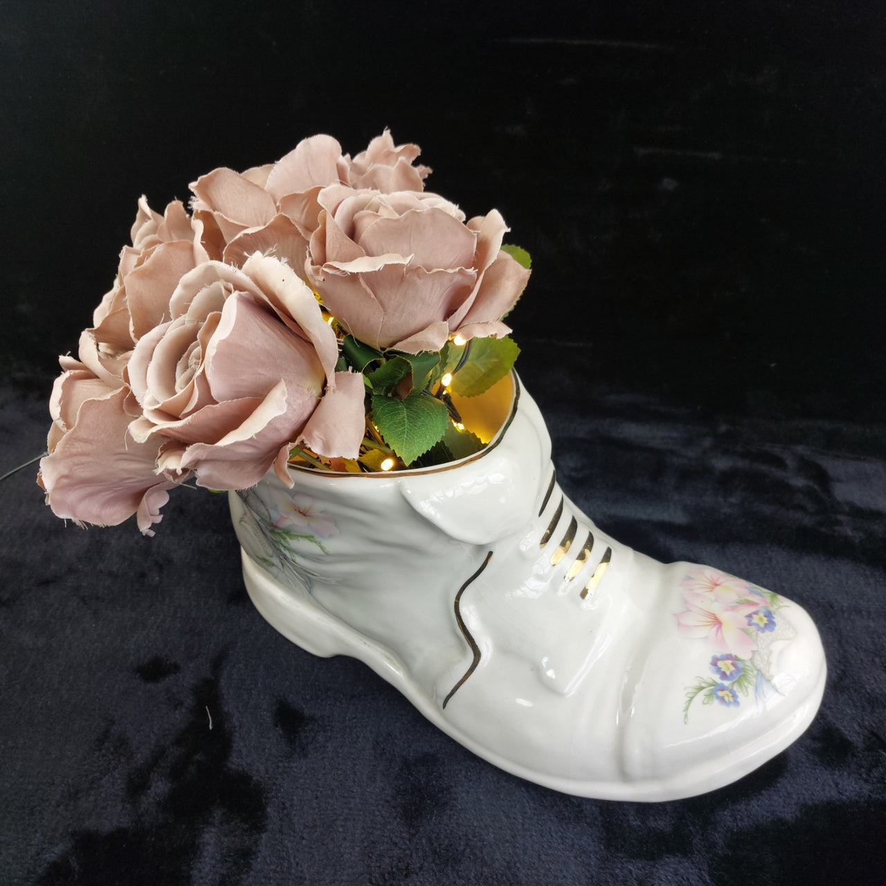 Maryleigh Pottery Floral Boot Vase Gilded Staffordshire 12" Porcelain White13