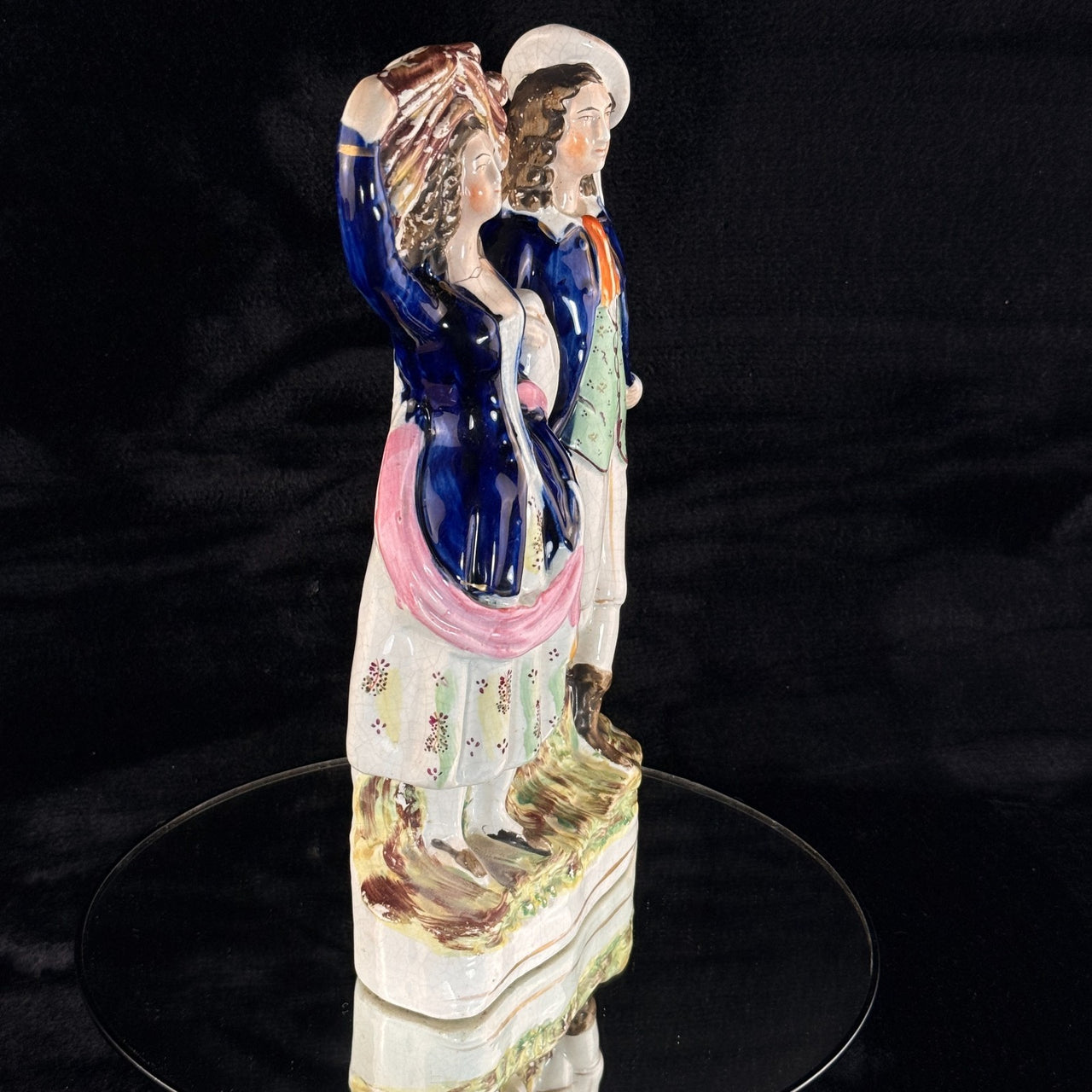 19th Century antique Staffordshire Pottery Large Figure Couple Flatback repaired12