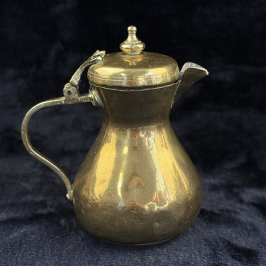Antique Brass Tankard or Pouring Vessel w Hinged Lid gold brass victorin pitcher1