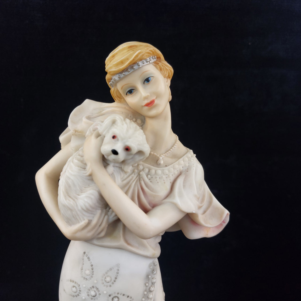 Juliana Collection 15in Figurine, Tall Lady with Dog, large Resin Art Deco Beige2