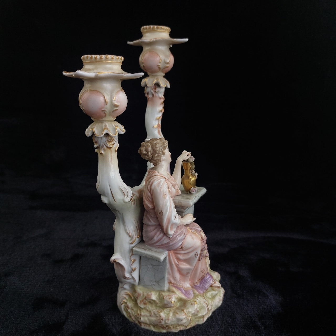 Porcelain Sitzendorf Candelabra Lady Figurine candle Gold Gilt Antique German9